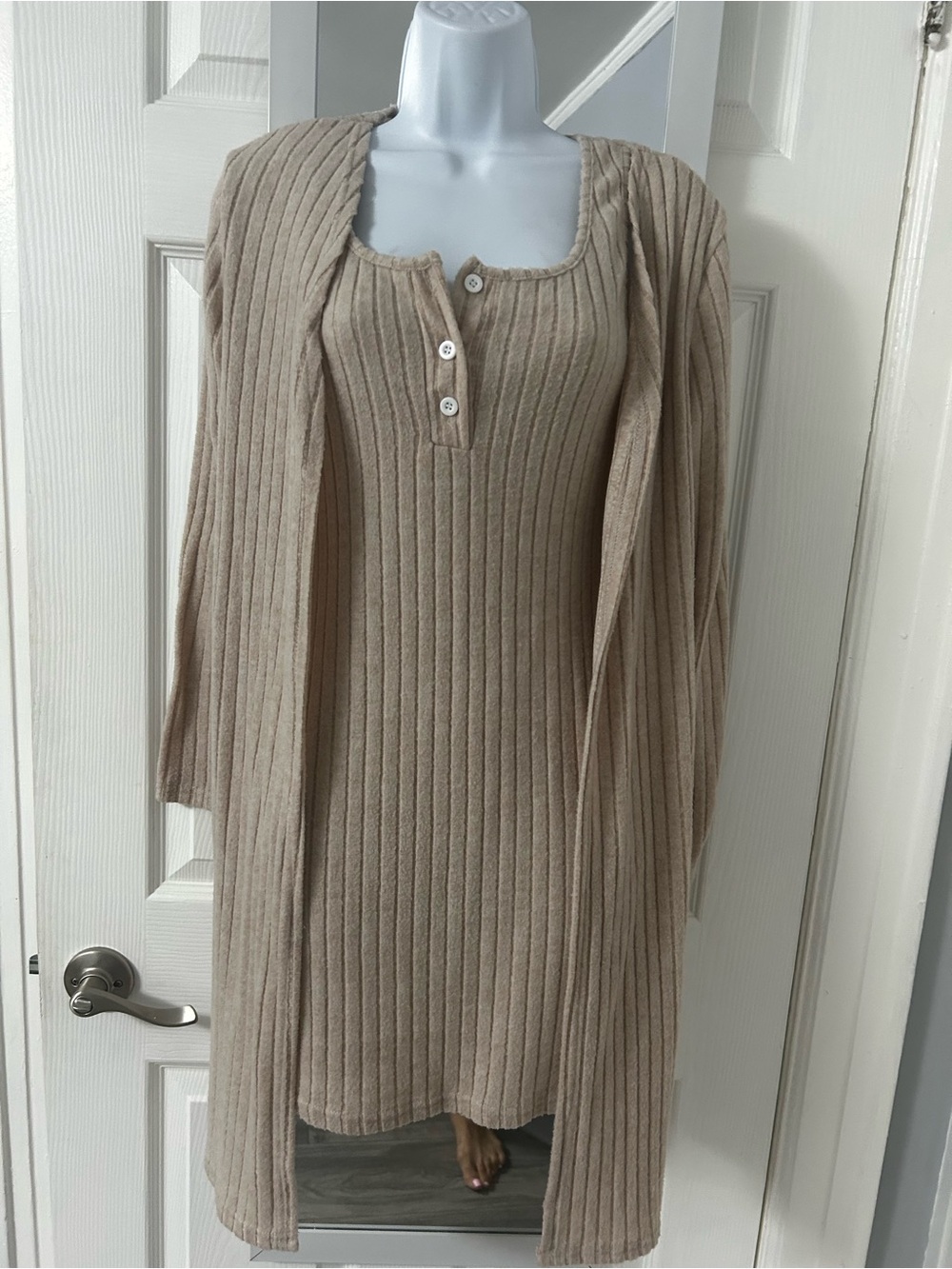 SHEIN Ribbed Knit Midi Dress and Cardigan Set in Taupe